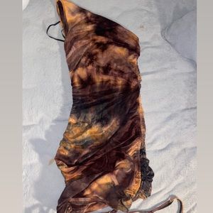 One shoulder drawstring rutched tie dye dress